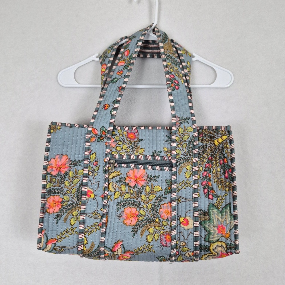 Quilted Cotton Blue Pink Floral Tote Shoulder Bag Boho Cottage Whimsy Fairycore